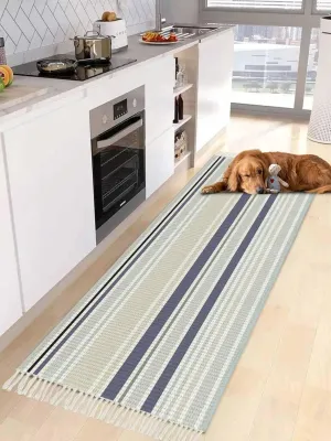 Blue Beige White Hallway Runner Rug 2X6 Ft Kitchen Carpet, Washable Woven Throw Carpet with Tassel, Modern Farmhouse Colorful Stripes Non-Shedding Bedroom Laundry Rugs