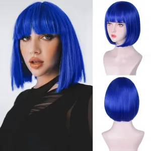 Blue Bob Wigs - 12'' Short Bob Wigs for Women Blue Bob Wig With Bangs Super Soft and Easy to Wear Straight Bob Wig, Colorful Synthetic Wig for Daily, Cosplay, Halloween