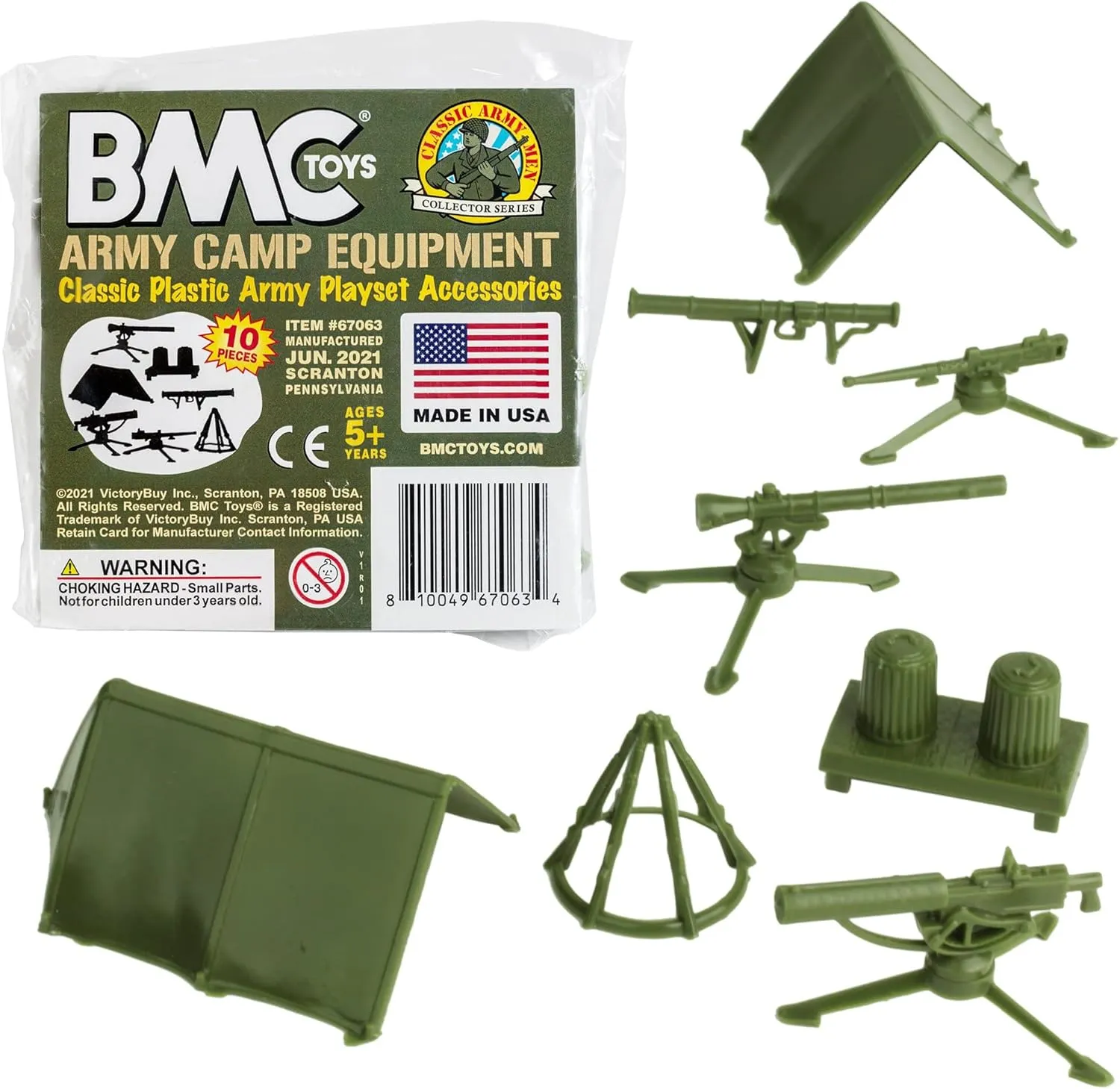 BMC Classic Plastic Army Men Playset Accessories - 10pc Military Camp - US Made