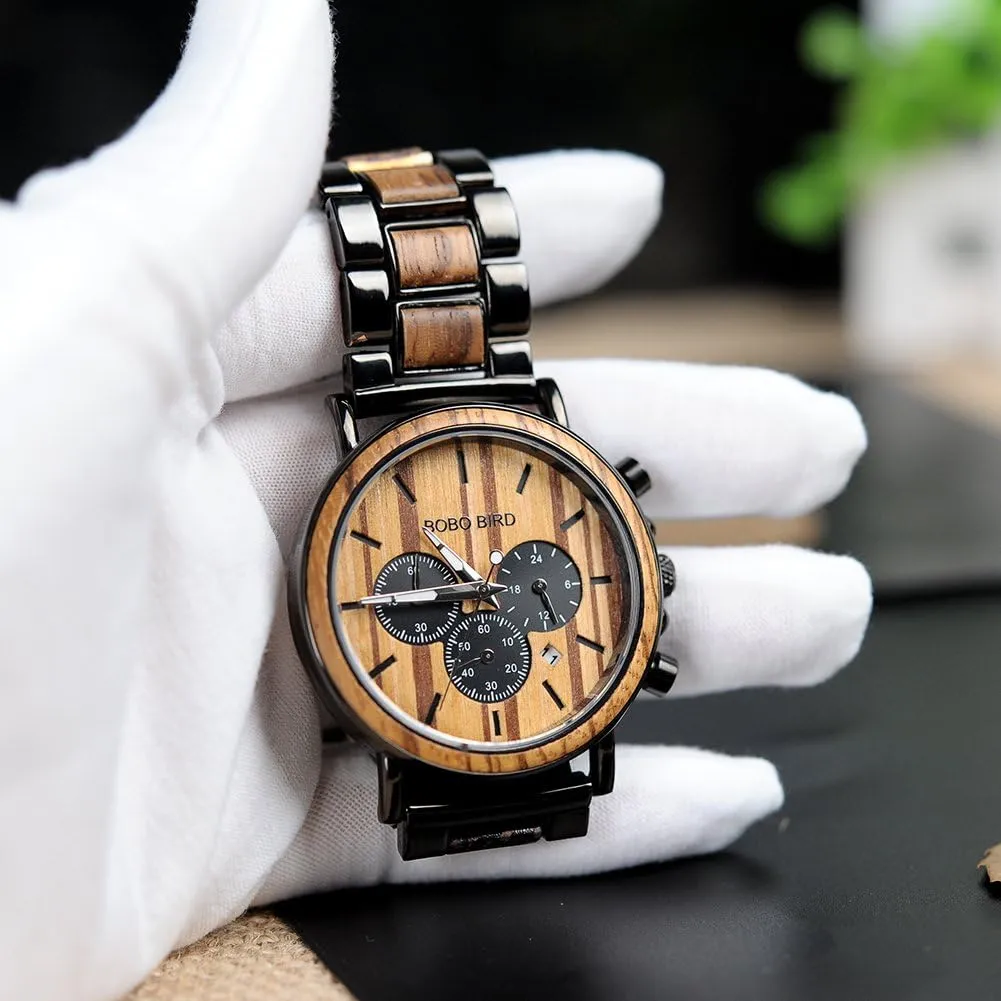 BOBO BIRD Wooden Mens Watches Wood & Stainless Steel Combined Chronograph Military Quartz Casual Wristwatches