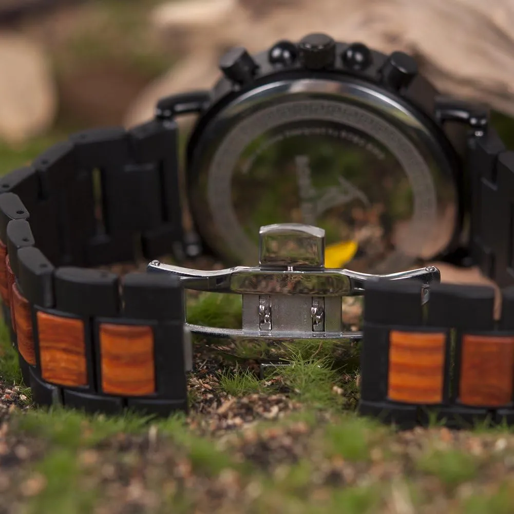 BOBO BIRD Wooden Mens Watches Wood & Stainless Steel Combined Chronograph Military Quartz Casual Wristwatches