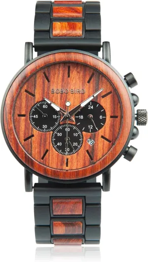 BOBO BIRD Wooden Mens Watches Wood & Stainless Steel Combined Chronograph Military Quartz Casual Wristwatches