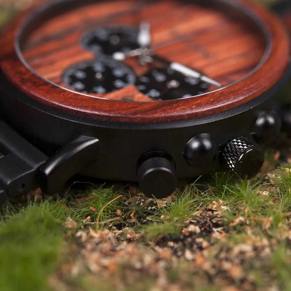 BOBO BIRD Wooden Mens Watches Wood & Stainless Steel Combined Chronograph Military Quartz Casual Wristwatches