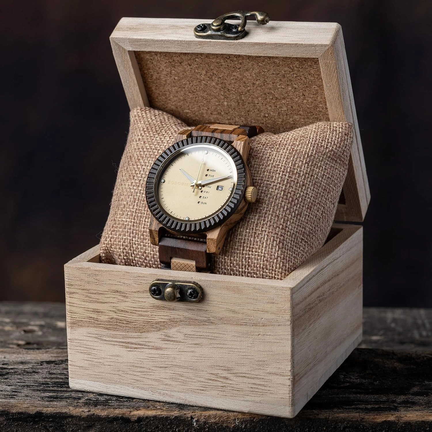 BOBO BIRD Mens Wooden Watch Analog Quartz with Week Display Lightweight Handmade Wood Wrist Watch for Men