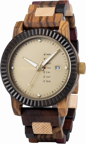 BOBO BIRD Mens Wooden Watch Analog Quartz with Week Display Lightweight Handmade Wood Wrist Watch for Men