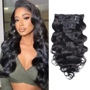 Body Wave Human Hair Extension for Black Women, Natural Black Brazilian Hair Clip in Body Wave Hairpiece, 10A Grade Clip in Human Hair Pieces 8 Pieces/Set 130 Gram 14 Inch