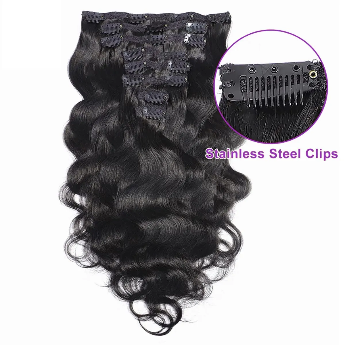 Body Wave Human Hair Extension for Black Women, Natural Black Brazilian Hair Clip in Body Wave Hairpiece, 10A Grade Clip in Human Hair Pieces 8 Pieces/Set 130 Gram 14 Inch