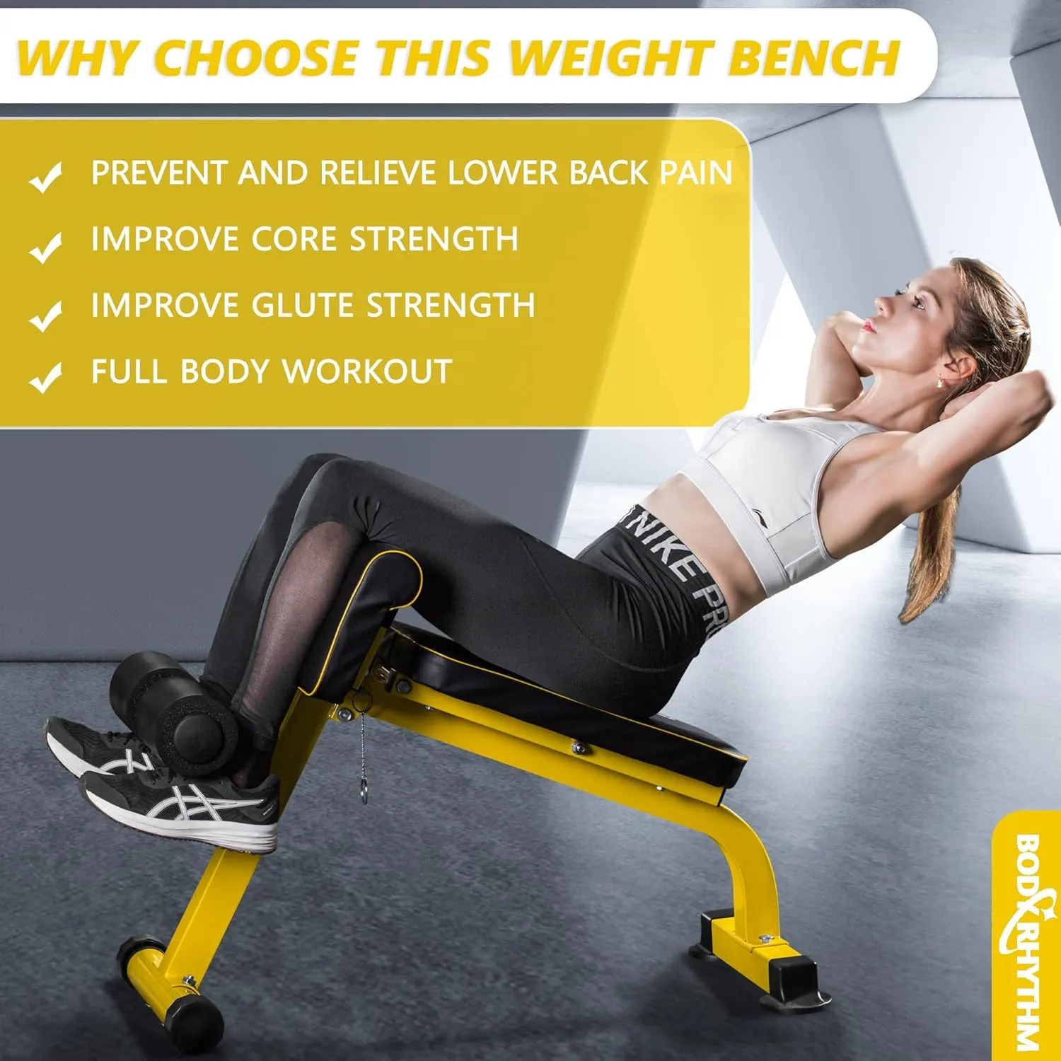 BODYRHYTHM Compact Adjustable Weight Bench for Full Body Strength Training, Ab/Back Hyper Roman Chair, Adjustable Ab Sit up Bench, Incline Decline Bench, Flat Bench, Hyperextension Bench, Back Extension Machine