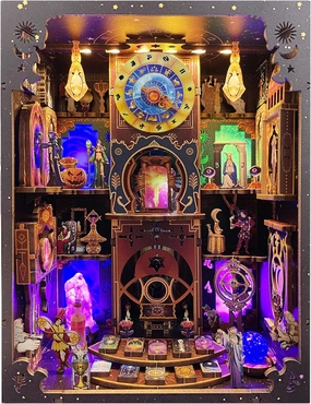 Book Nook Kit - DIY Miniature Dollhouse with LED Lights for Adults & Teens, Fantasy Tarot-Themed 3D Wooden Bookshelf Decor, for Craft Lovers