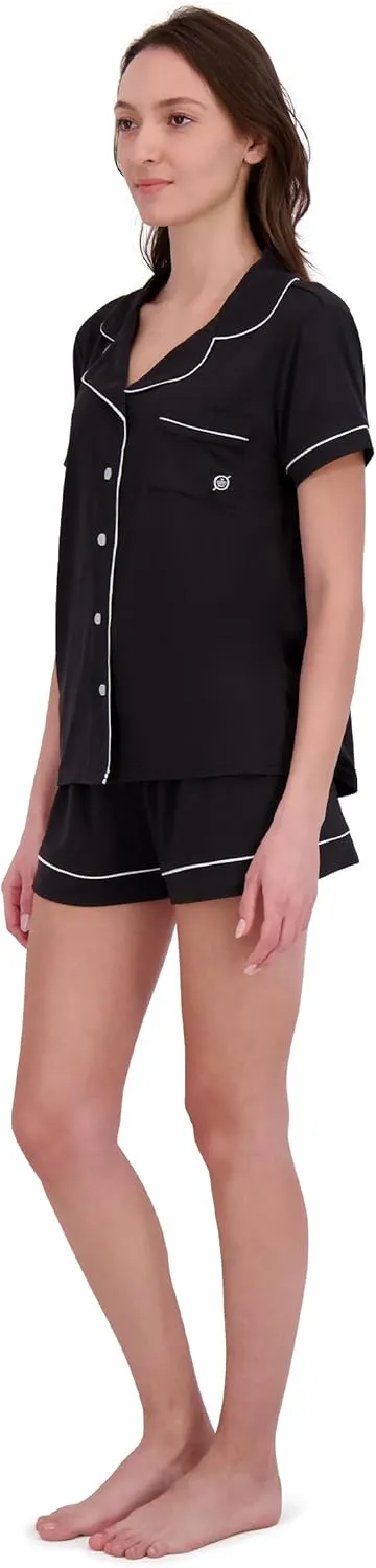 BORN Womens Pajama Sets Shorts, Recycled Stretch Knit Matching PJ Set for Women with Button Down Pajama Top and PJ Shorts