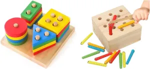 Boxiki kids Montessori Wooden Toys Bundle: Shape Sorter Stacker & Magnetic Worm Game