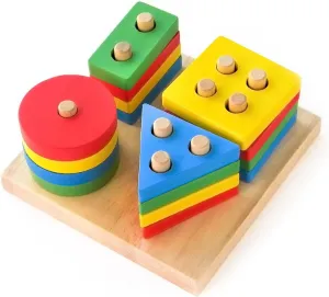 Boxiki Kids Wooden Stacking Toys & Shape Sorting Board | Geometric Shape Stacker | Eco-Friendly & Non-Toxic Wooden Toy | Early Childhood Development Toys for Fine Motor Skills