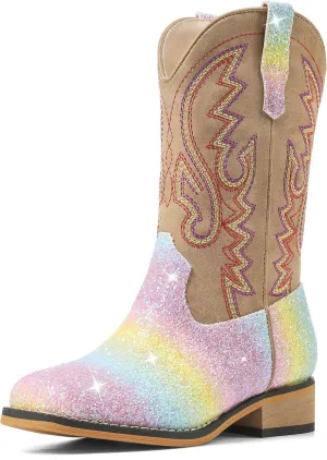Boys Cowboy Boots Toddler Girls Cowgirl Boots Little Big Kid Western Glitter Square Toe Embroidered Riding Shoes Child Mid Calf Pull On Low Heel