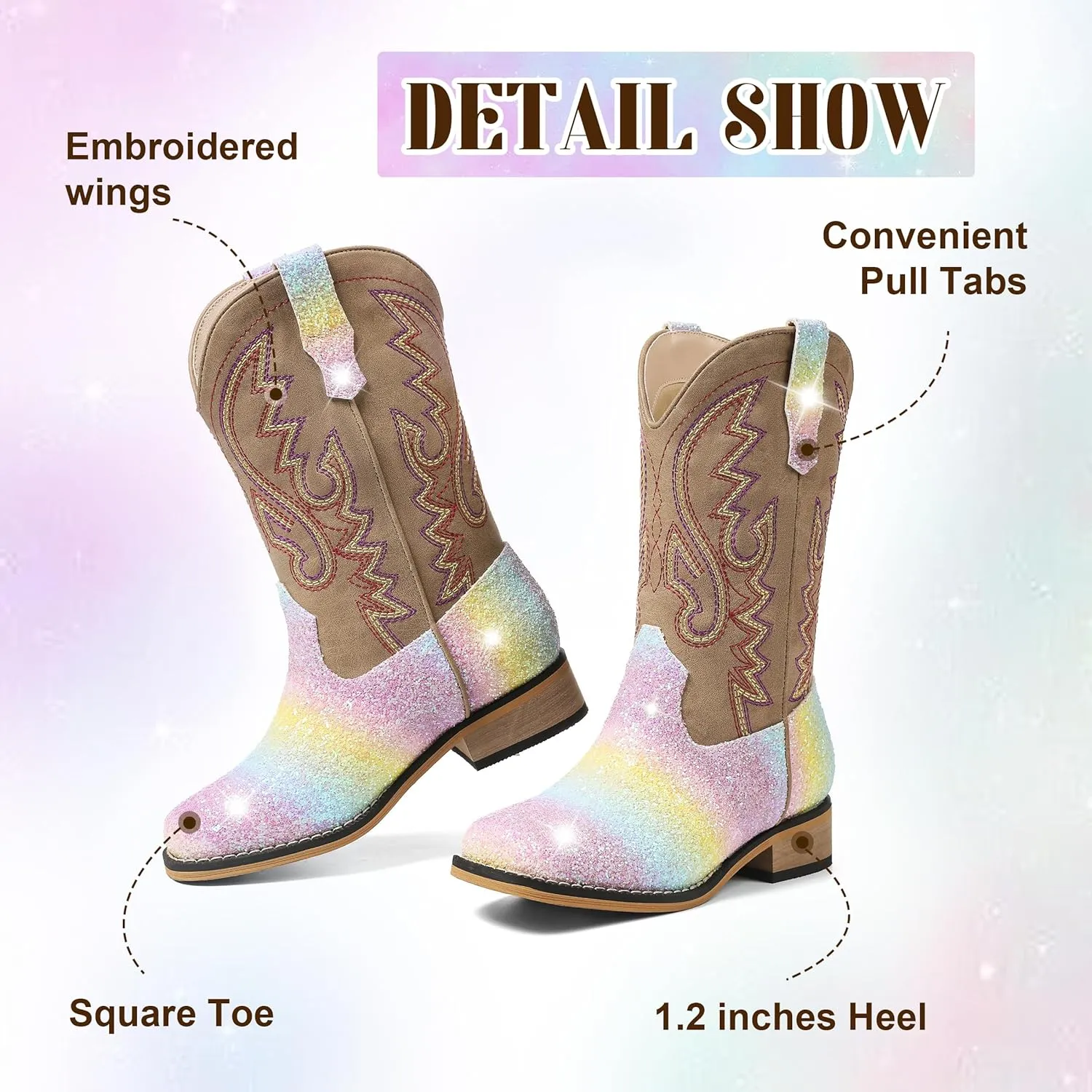 Boys Cowboy Boots Toddler Girls Cowgirl Boots Little Big Kid Western Glitter Square Toe Embroidered Riding Shoes Child Mid Calf Pull On Low Heel