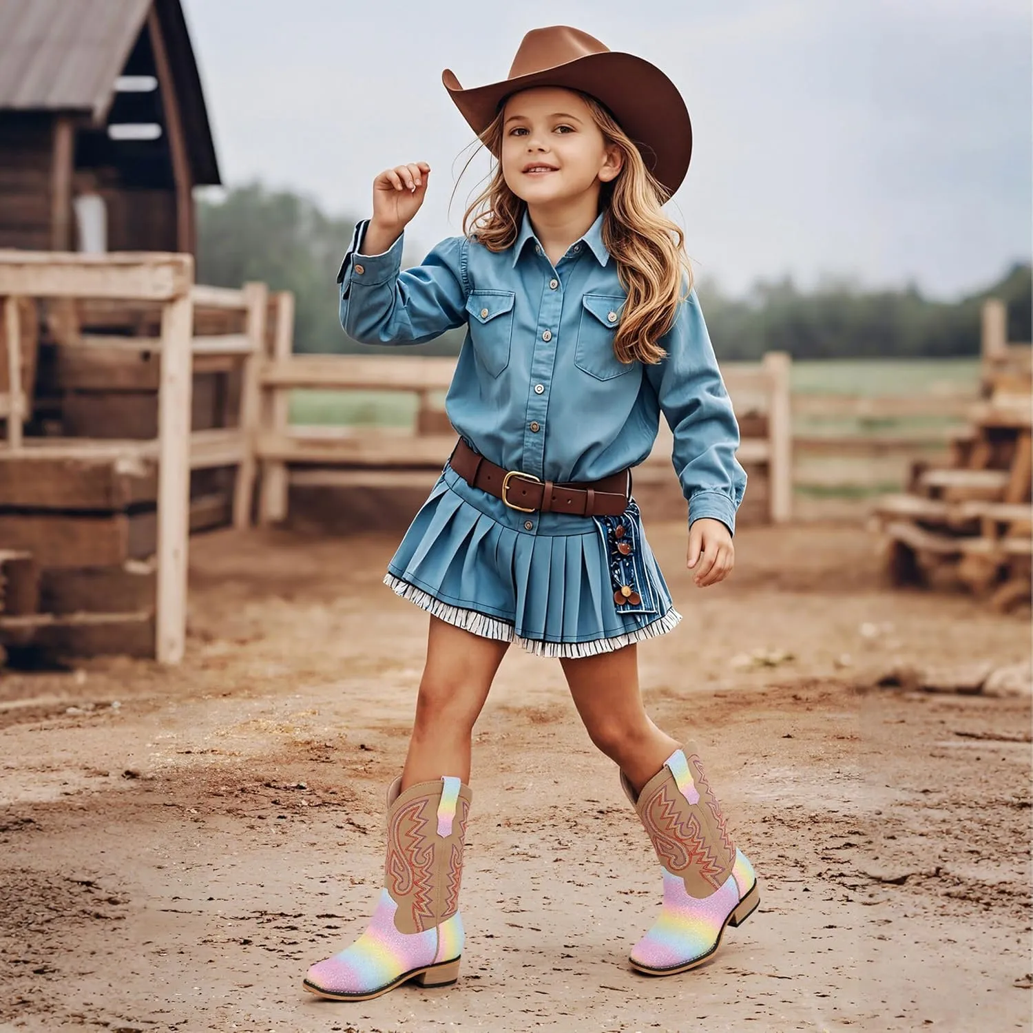 Boys Cowboy Boots Toddler Girls Cowgirl Boots Little Big Kid Western Glitter Square Toe Embroidered Riding Shoes Child Mid Calf Pull On Low Heel