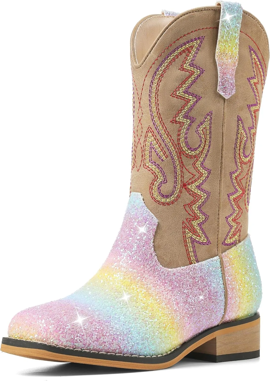 Boys Cowboy Boots Toddler Girls Cowgirl Boots Little Big Kid Western Glitter Square Toe Embroidered Riding Shoes Child Mid Calf Pull On Low Heel