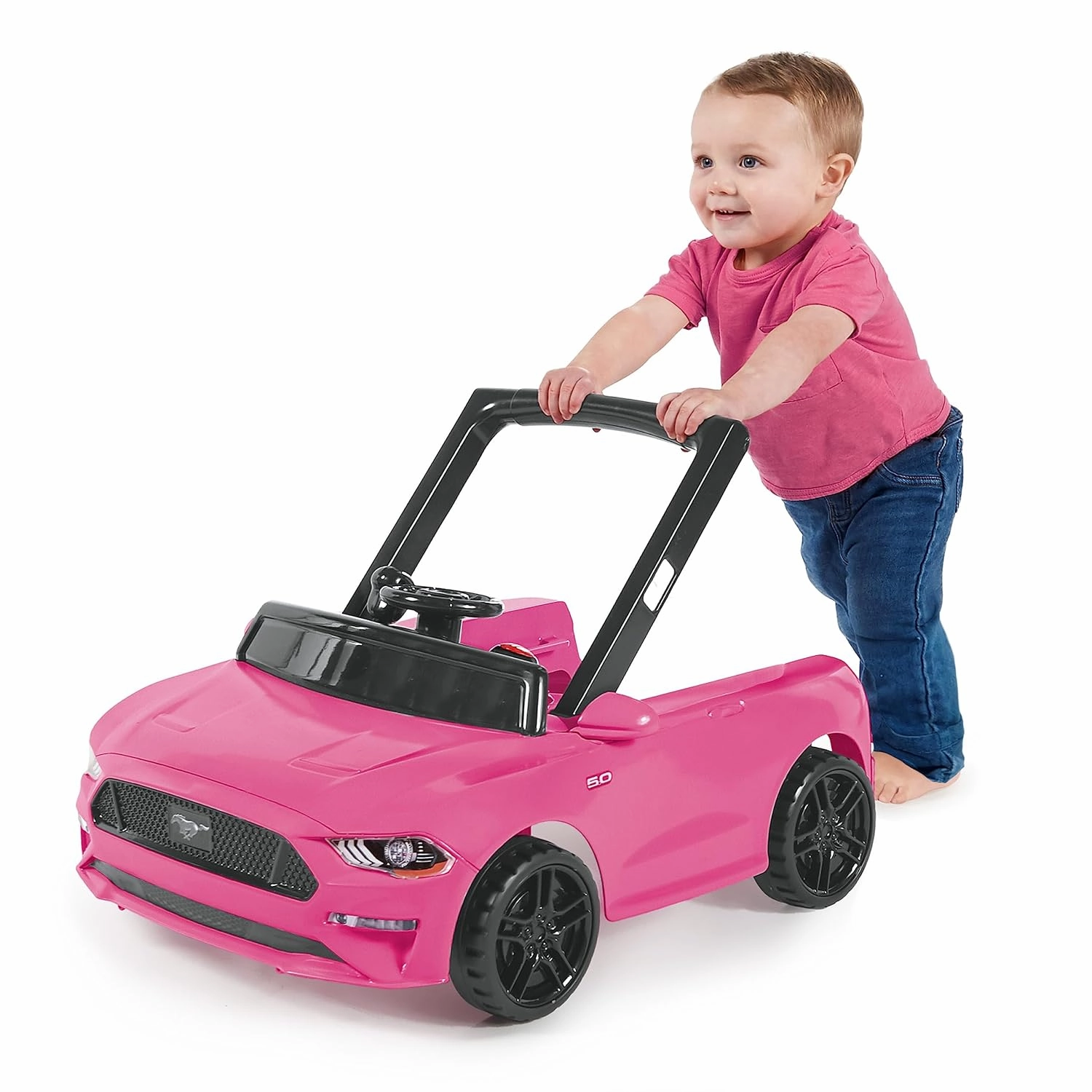 Bright Starts Ford Mustang 4-in-1 Pink Baby Activity Center & Push Walker with Removable Interactive Steering Wheel -Toy, 6 Months and up
