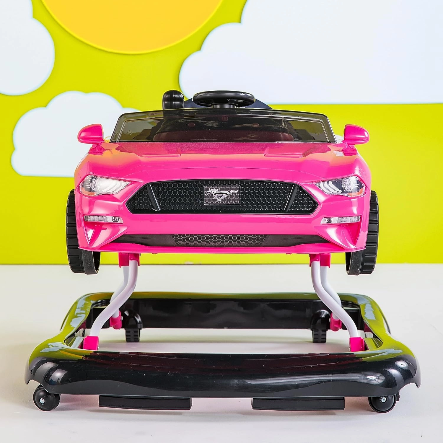 Bright Starts Ford Mustang 4-in-1 Pink Baby Activity Center & Push Walker with Removable Interactive Steering Wheel -Toy, 6 Months and up
