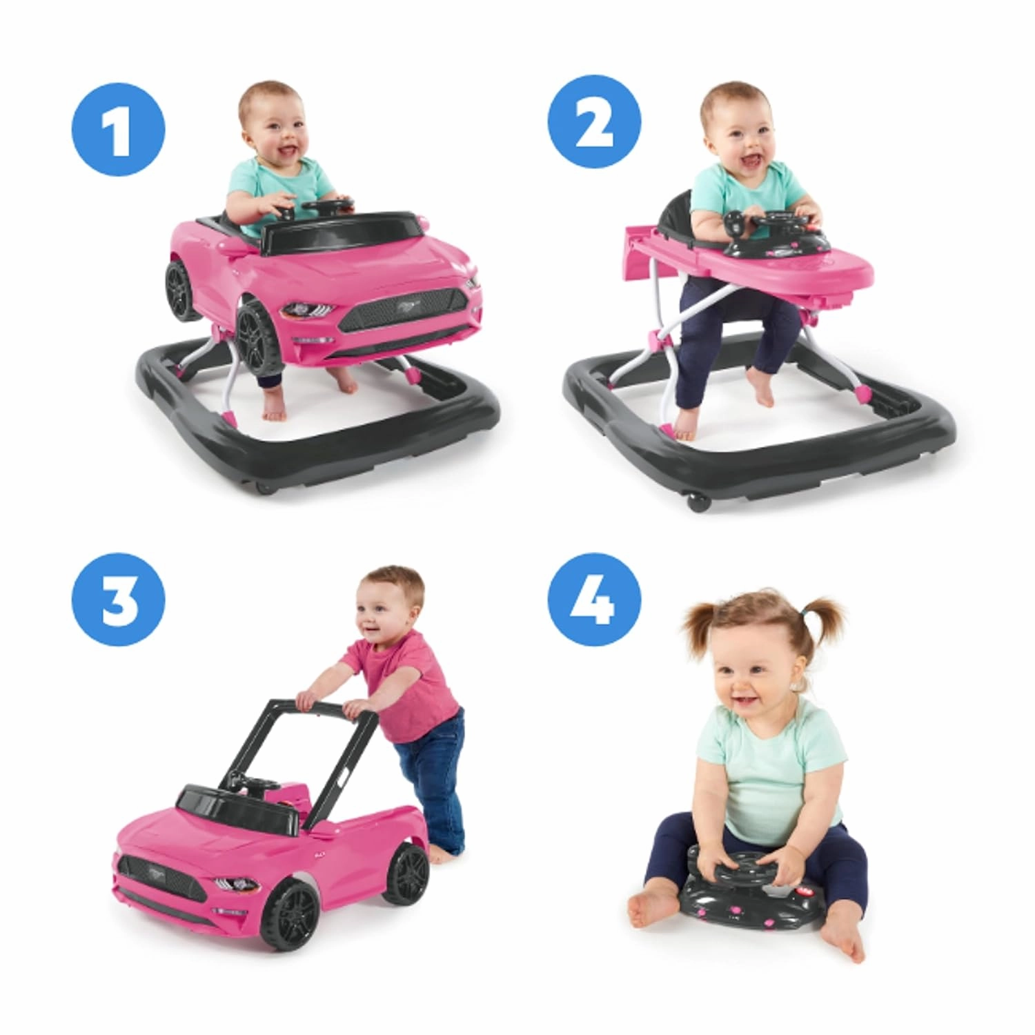 Bright Starts Ford Mustang 4-in-1 Pink Baby Activity Center & Push Walker with Removable Interactive Steering Wheel -Toy, 6 Months and up