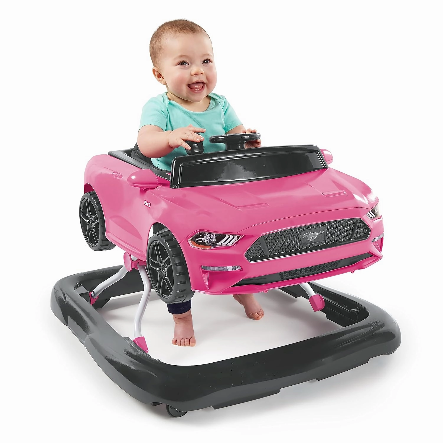 Bright Starts Ford Mustang 4-in-1 Pink Baby Activity Center & Push Walker with Removable Interactive Steering Wheel -Toy, 6 Months and up