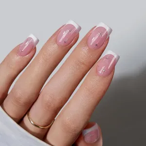 BTArtbox French Tip Press On Nails Short - Press On Nails with Stars, Natural Soft Gel Glue On Nails with Nail Glue, Reusable Stick On Nails in 16 Sizes, Starlit Sparkle