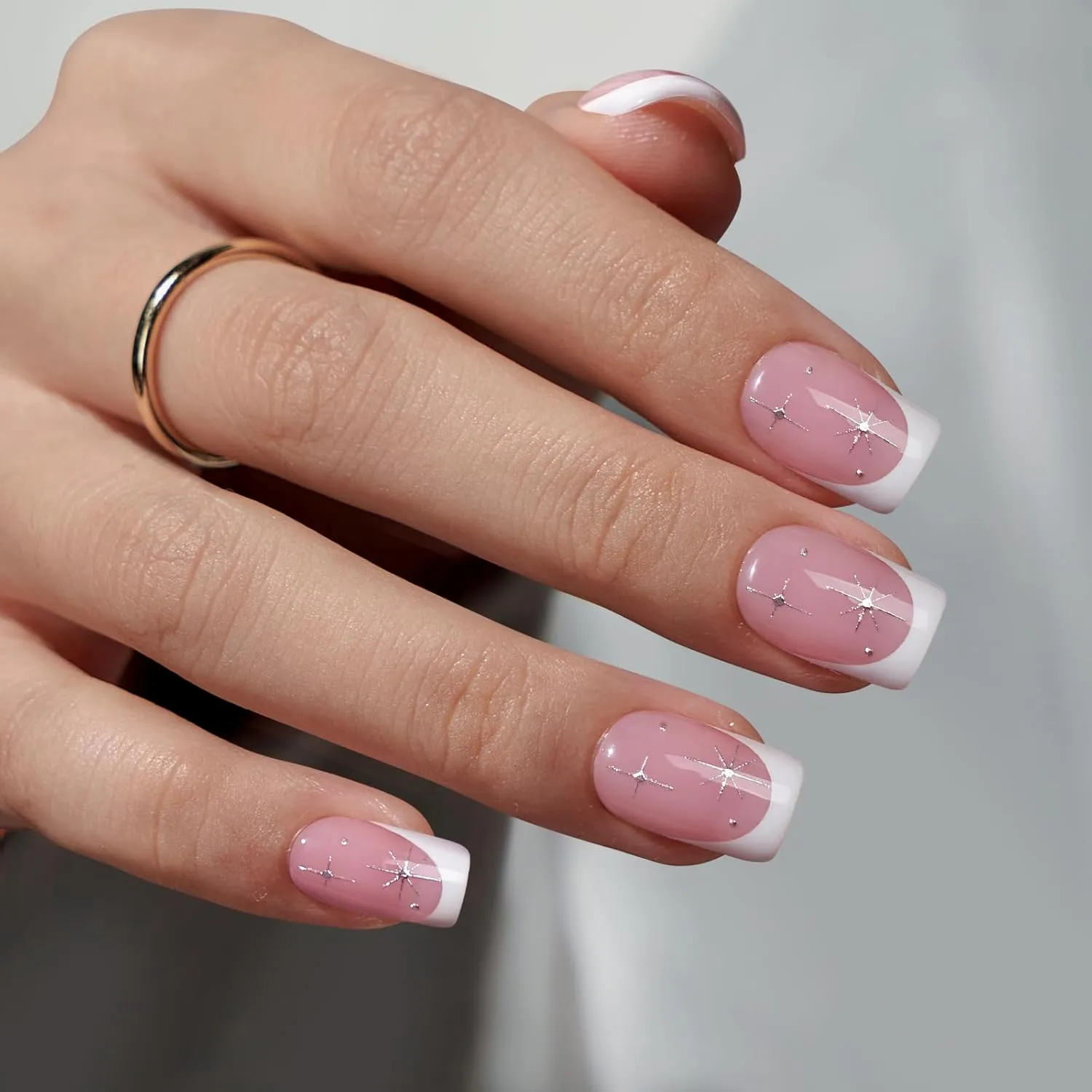 BTArtbox French Tip Press On Nails Short - Press On Nails with Stars, Natural Soft Gel Glue On Nails with Nail Glue, Reusable Stick On Nails in 16 Sizes, Starlit Sparkle