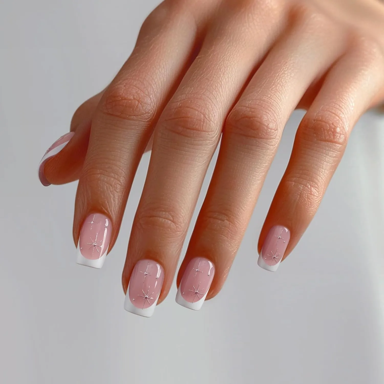 BTArtbox French Tip Press On Nails Short - Press On Nails with Stars, Natural Soft Gel Glue On Nails with Nail Glue, Reusable Stick On Nails in 16 Sizes, Starlit Sparkle
