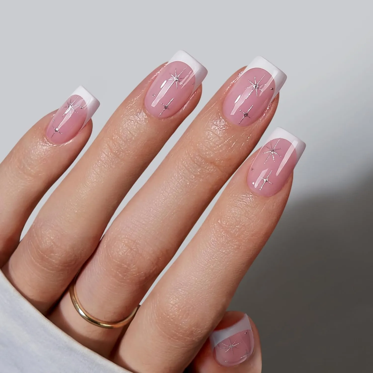 BTArtbox French Tip Press On Nails Short - Press On Nails with Stars, Natural Soft Gel Glue On Nails with Nail Glue, Reusable Stick On Nails in 16 Sizes, Starlit Sparkle