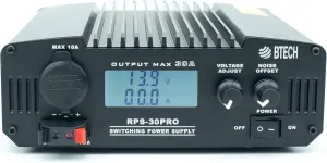 BTECH RPS-30PRO 30 Amp Regulated Universal Compact Bench Power Supply, AC-to-DC Power Convertor, 13.8V (9~15VDC Adjustable) with Noise Offset Adjustment, includes multiple power connections