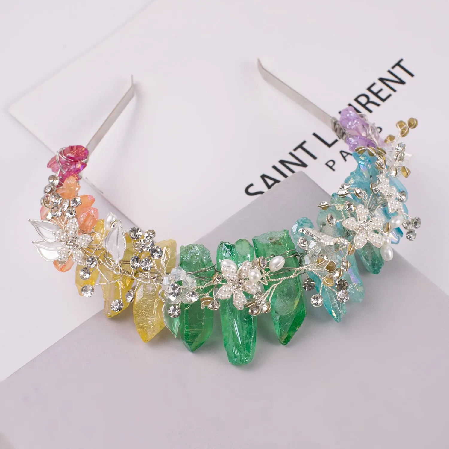 Bubbmi Raw Crystal Headband with Pearl Rhinestone, Natural Quartz Fairy Goddess Bridal Headwear for Women Girls (colorful)
