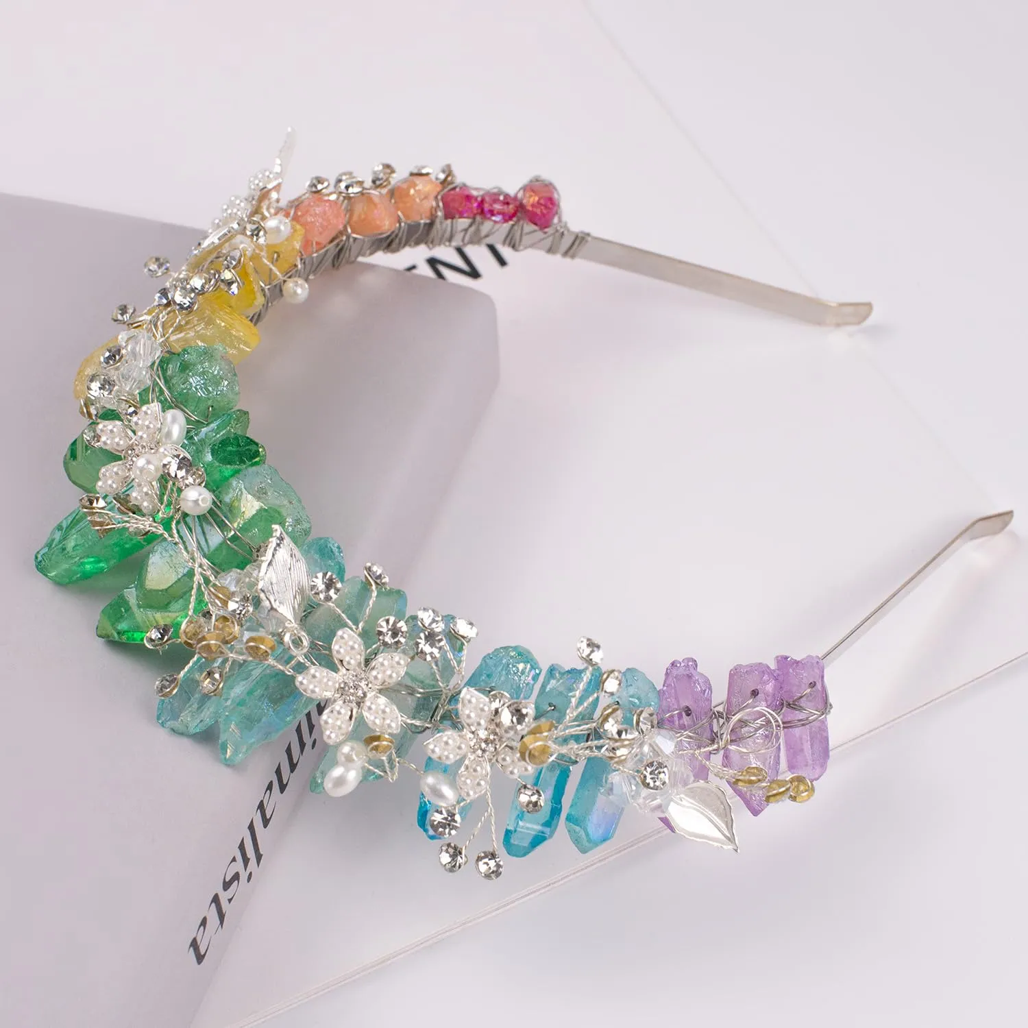 Bubbmi Raw Crystal Headband with Pearl Rhinestone, Natural Quartz Fairy Goddess Bridal Headwear for Women Girls (colorful)