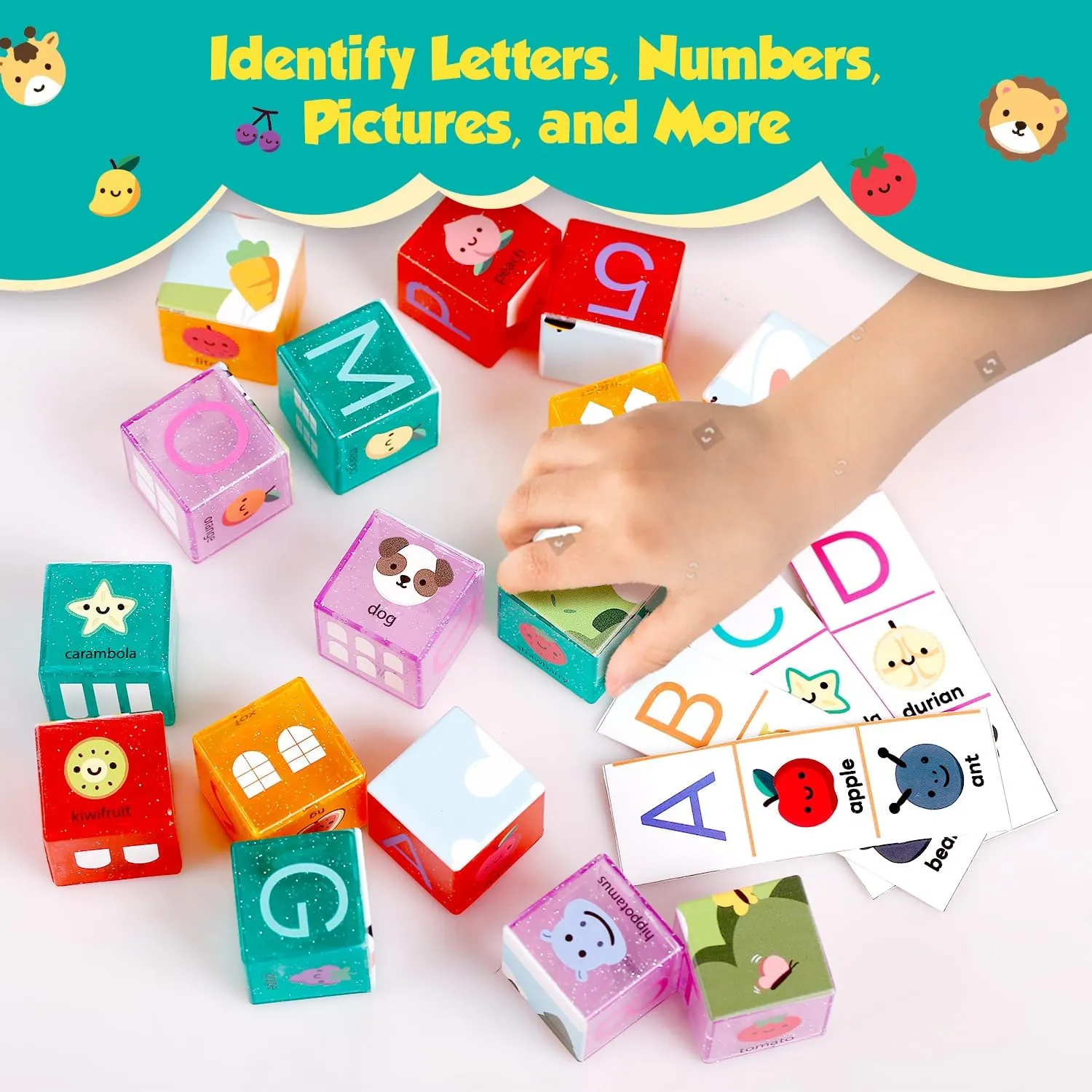 Building Blocks, Alphabet & Number 56pcs Acrylic Blocks for Toddlers with 2m Rope Pull Car & 13 ABC Phonic s Flsh Cards, Consistent A-Z Learning (A=Apple), Baby Kids Birthday STEM Toys 3 4 5 6