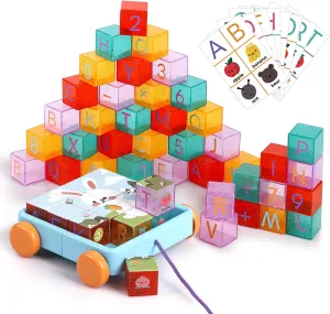 Building Blocks, Alphabet & Number 56pcs Acrylic Blocks for Toddlers with 2m Rope Pull Car & 13 ABC Phonic s Flsh Cards, Consistent A-Z Learning (A=Apple), Baby Kids Birthday STEM Toys 3 4 5 6