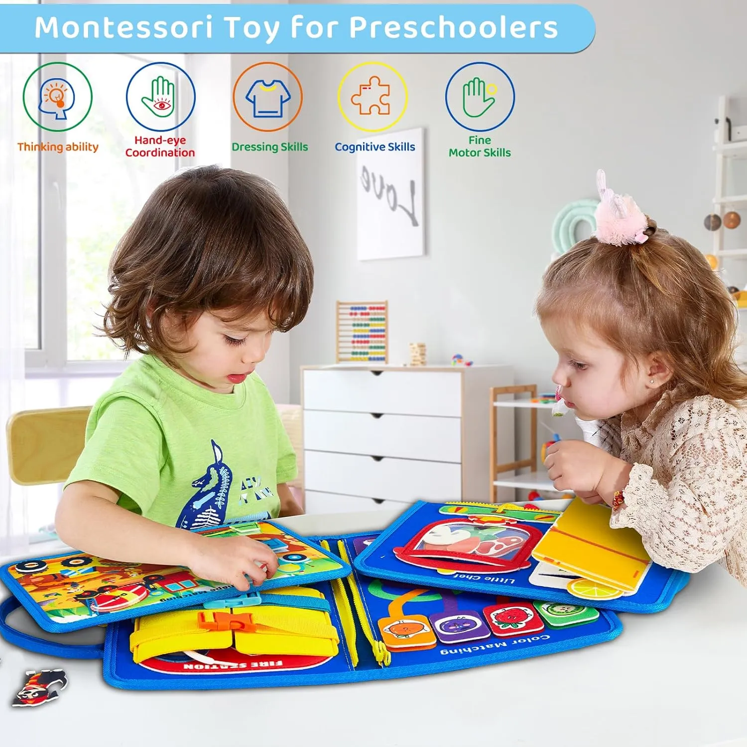 Busy Board Montessori Toys for 3 4 Year Old, Educational Activity Sensory Preschool Learning Toys for Toddlers, Travel Toys for Airplane Car,Pretend Play Toys for Boys Girls Birthday Gifts
