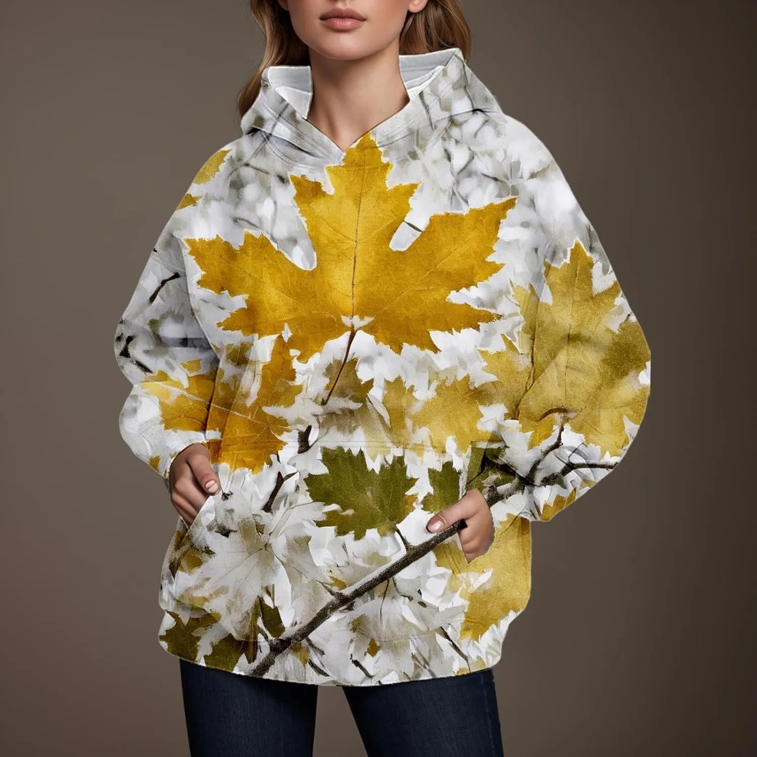 Camo Hoodie Womens Fall Fashion 2024 Trendy Camo Sweatsuits Oversized Long Sleeve Maple Leaf Print Fle