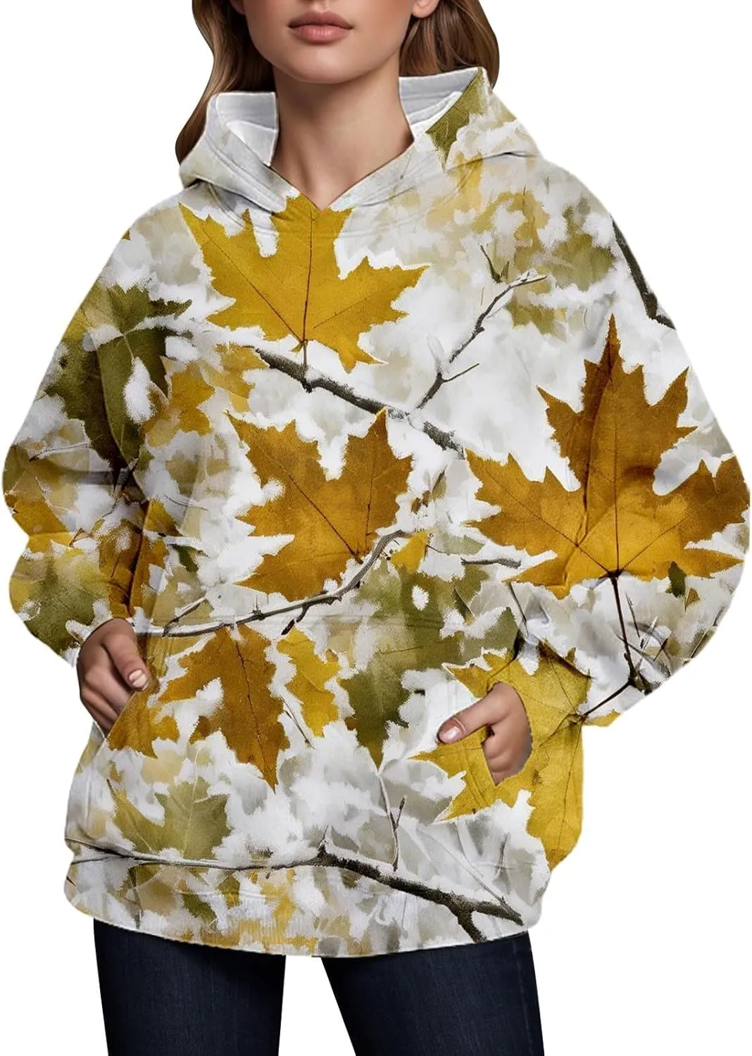 Camo Hoodie Womens Fall Fashion 2024 Trendy Camo Sweatsuits Oversized Long Sleeve Maple Leaf Print Fle