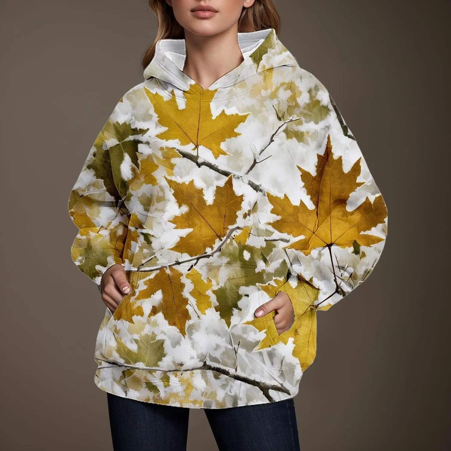 Camo Hoodie Womens Fall Fashion 2024 Trendy Camo Sweatsuits Oversized Long Sleeve Maple Leaf Print Fle