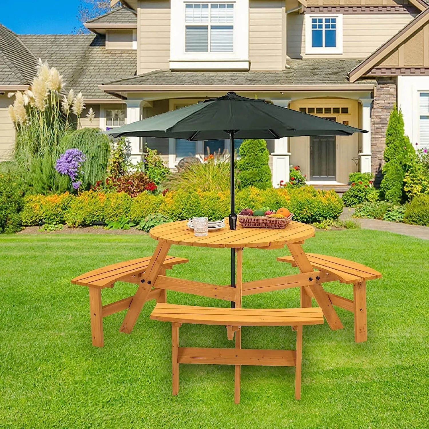 Camping Table, 6 Person Outdoor Wooden Picnic Table with Benches, Outdoor Round Patio Table Dining Table w/ 3 Built-in Benches   Umbrella Hole, Perfect for Garden Yard Pub Beer, 1720lb Capacity- Natur