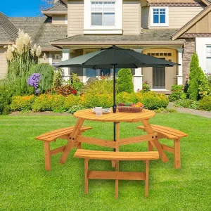 Camping Table, 6 Person Outdoor Wooden Picnic Table with Benches, Outdoor Round Patio Table Dining Table w/ 3 Built-in Benches   Umbrella Hole, Perfect for Garden Yard Pub Beer, 1720lb Capacity- Natur