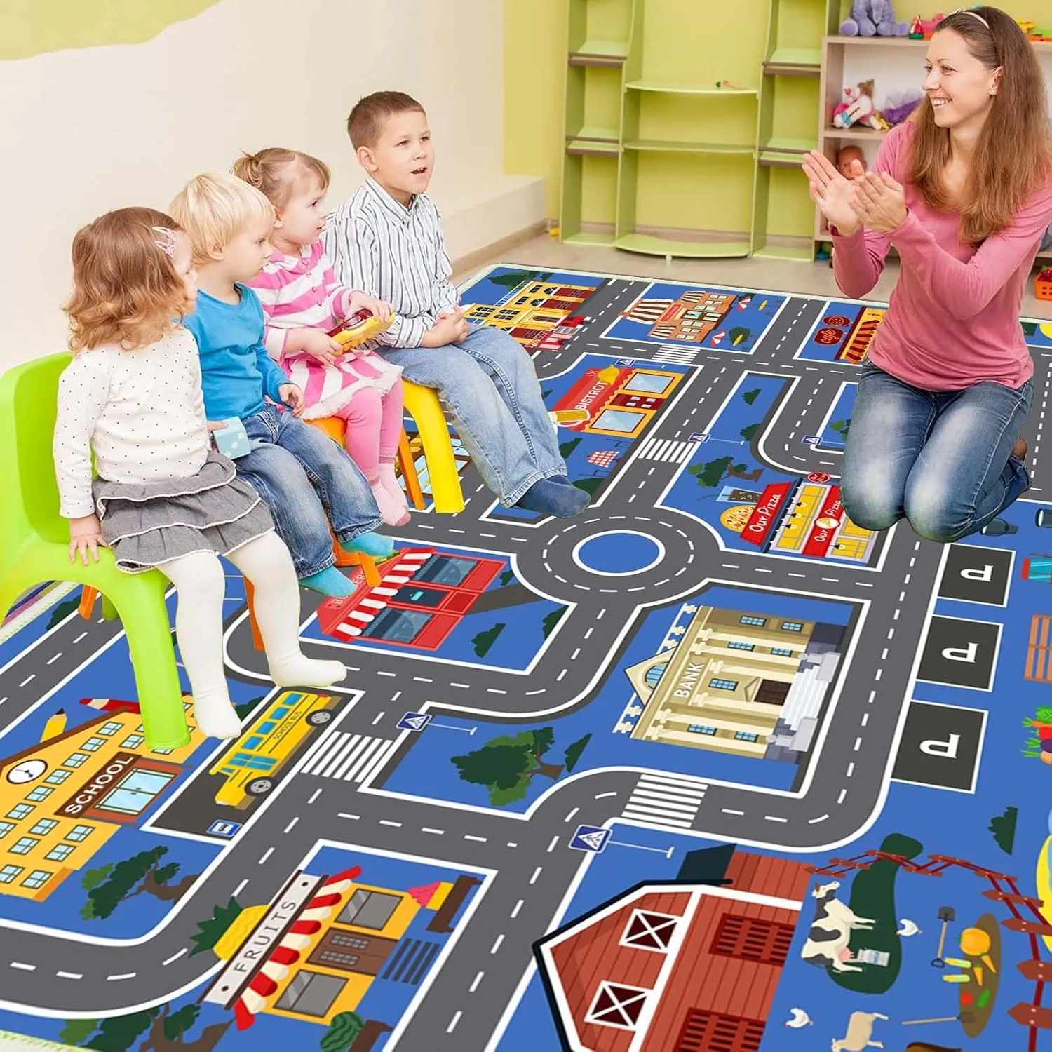 Car Play Mat for Boys and Girls, Non-Slip Kids Play Rug Road Rug for Kids Playroom