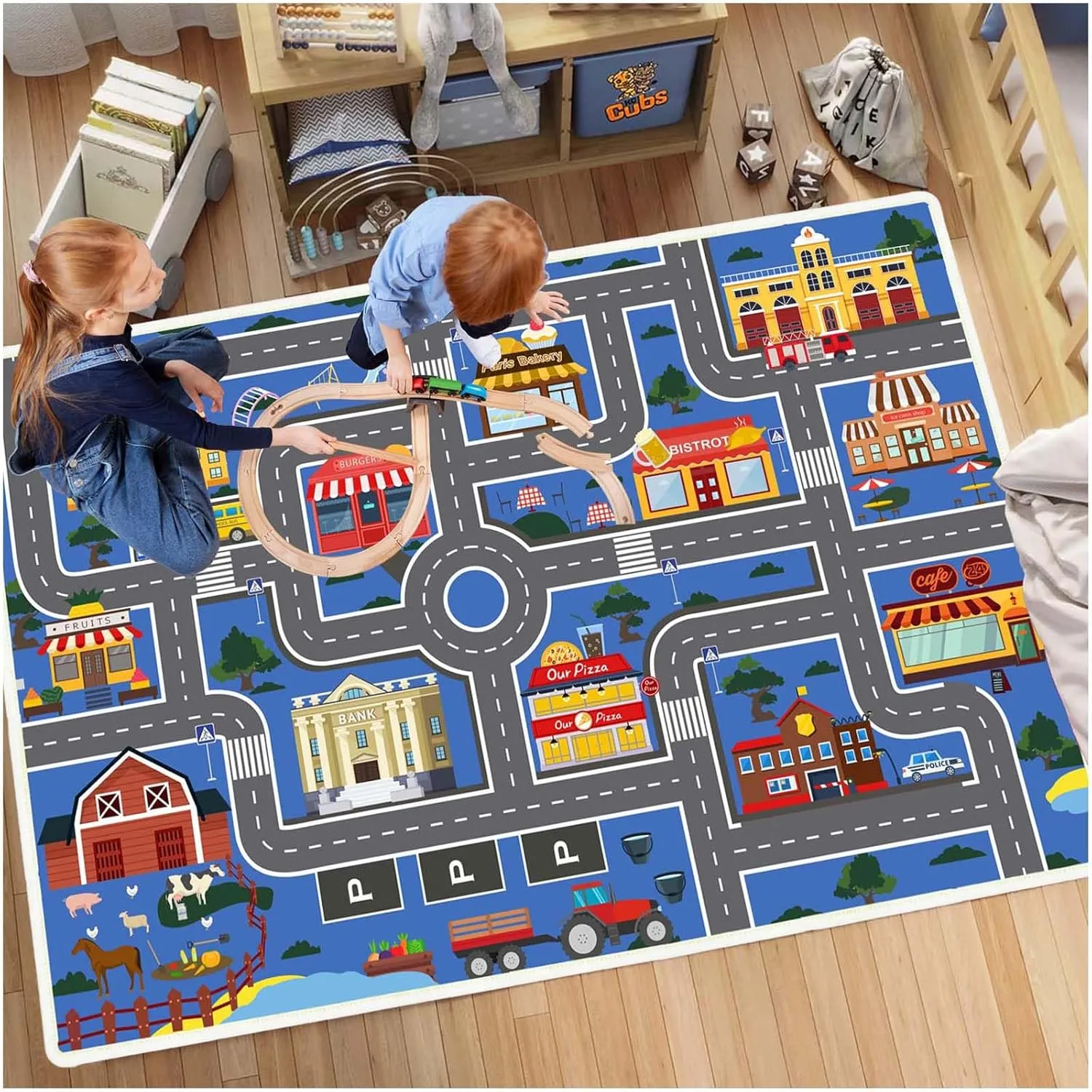 Car Play Mat for Boys and Girls, Non-Slip Kids Play Rug Road Rug for Kids Playroom