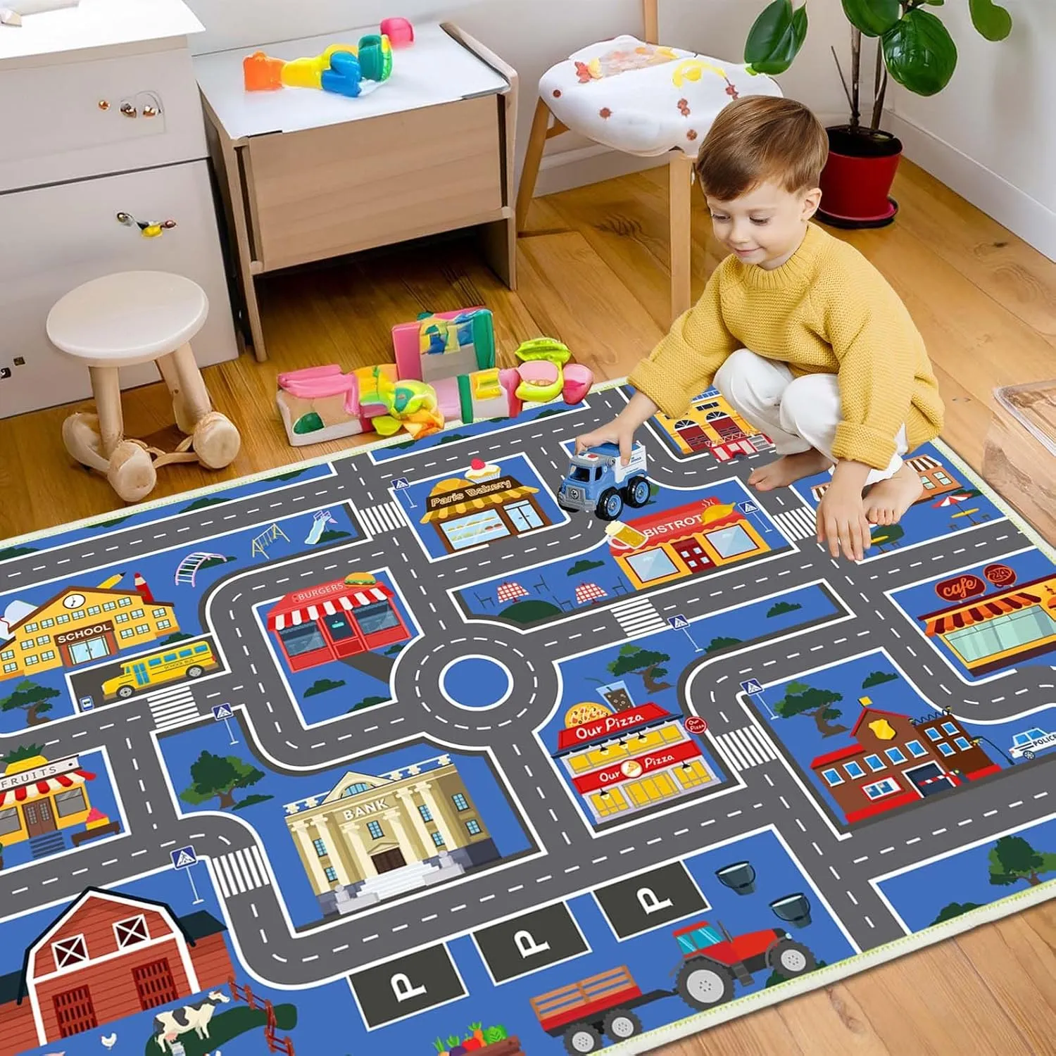 Car Play Mat for Boys and Girls, Non-Slip Kids Play Rug Road Rug for Kids Playroom
