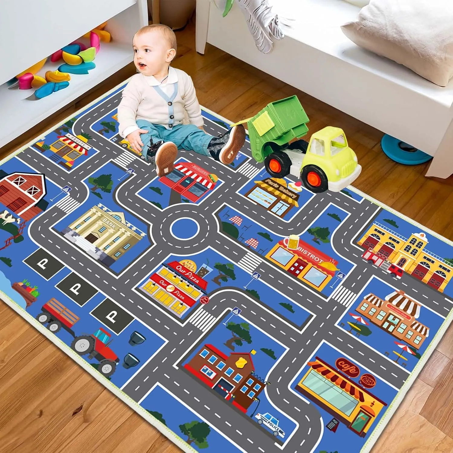 Car Play Mat for Boys and Girls, Non-Slip Kids Play Rug Road Rug for Kids Playroom