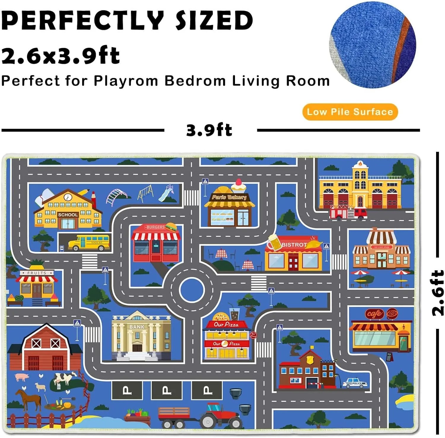 Car Play Mat for Boys and Girls, Non-Slip Kids Play Rug Road Rug for Kids Playroom