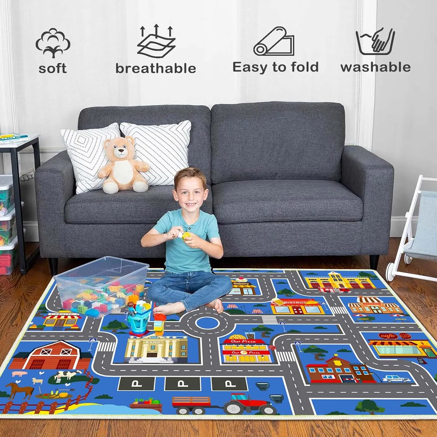 Car Play Mat for Boys and Girls, Non-Slip Kids Play Rug Road Rug for Kids Playroom
