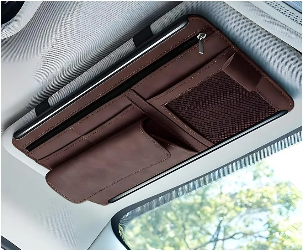 Car Sun Visor Organizer, Soft Leather Surface Eyeglasses Note Card Holder Car Storage Bag, Scratch-Resistant Waterproof Auto Sunshade Organizer Bag, Car Accessories (Brown)