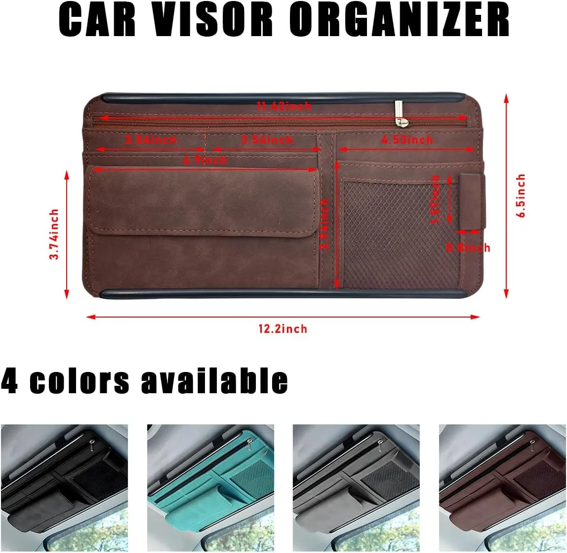 Car Sun Visor Organizer, Soft Leather Surface Eyeglasses Note Card Holder Car Storage Bag, Scratch-Resistant Waterproof Auto Sunshade Organizer Bag, Car Accessories (Brown)