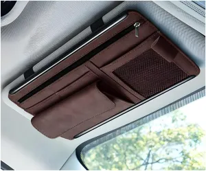 Car Sun Visor Organizer, Soft Leather Surface Eyeglasses Note Card Holder Car Storage Bag, Scratch-Resistant Waterproof Auto Sunshade Organizer Bag, Car Accessories (Brown)