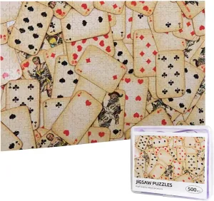 Cards Design,500PCS Portable Wooden Jigsaw Puzzle for Adults,Old Playing Cards Themed Vintage,Birthday Gift for Family and Friends,Beige Red Black(Horizontal)