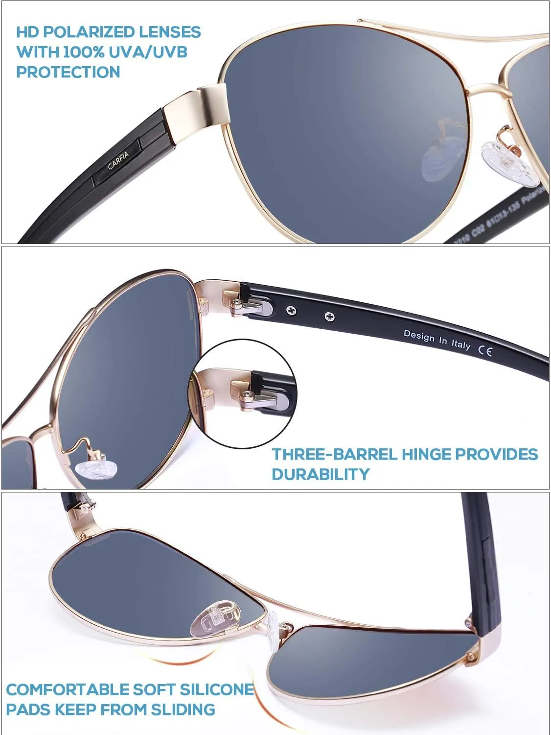 CARFIA Polarized Sunglasses for Women UV Protection Ultra-Lightweight Comfort Metal Frame Driving Glasses CA3210